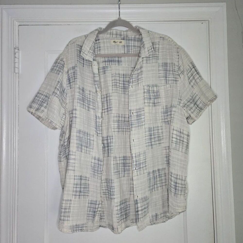 Madewell Patchwork Cream and Blue Button Up Short Sleeve Shirt Women's XL